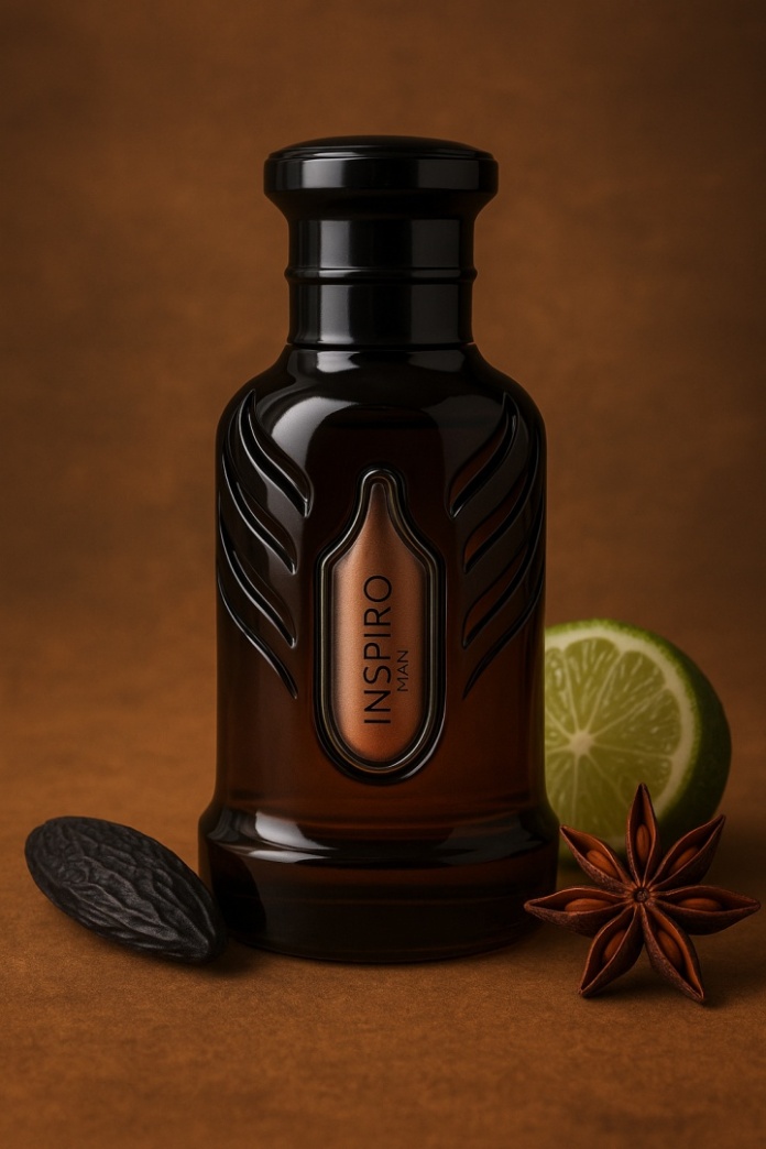 Elegancki flakon męskich perfum Riiffs Inspiro Men 100ml na stonowanym tle.